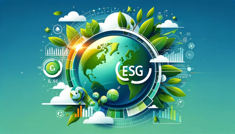 Immagine che rappresenta un globo disegnato in 3D e con simboli che rappresentano il tema Environmental della sigla ESG
