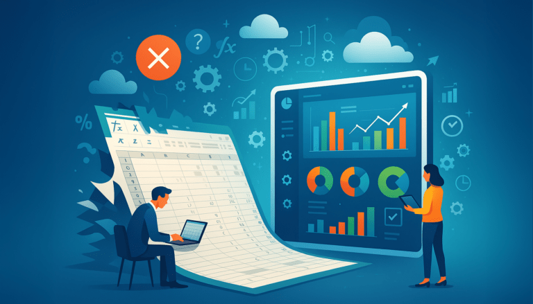 Immagine grafica che mostra grafici a torta e fogli di calcolo, per simboleggiare chi ancora fa il Controllo di Gestione con Excel